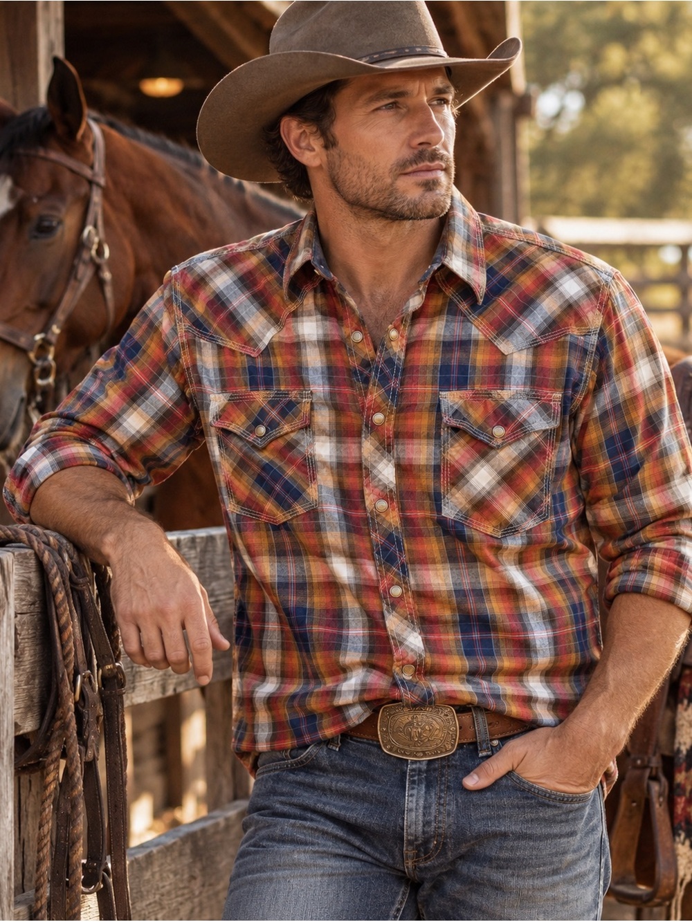 Wrangler 20X Western Pearl Snap Plaid Shirt Cowboy Rodeo Medium